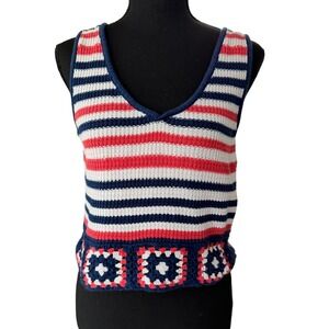 Crochet Knit Cropped Sweater Vest Size L Red White Blue Americana Preppy